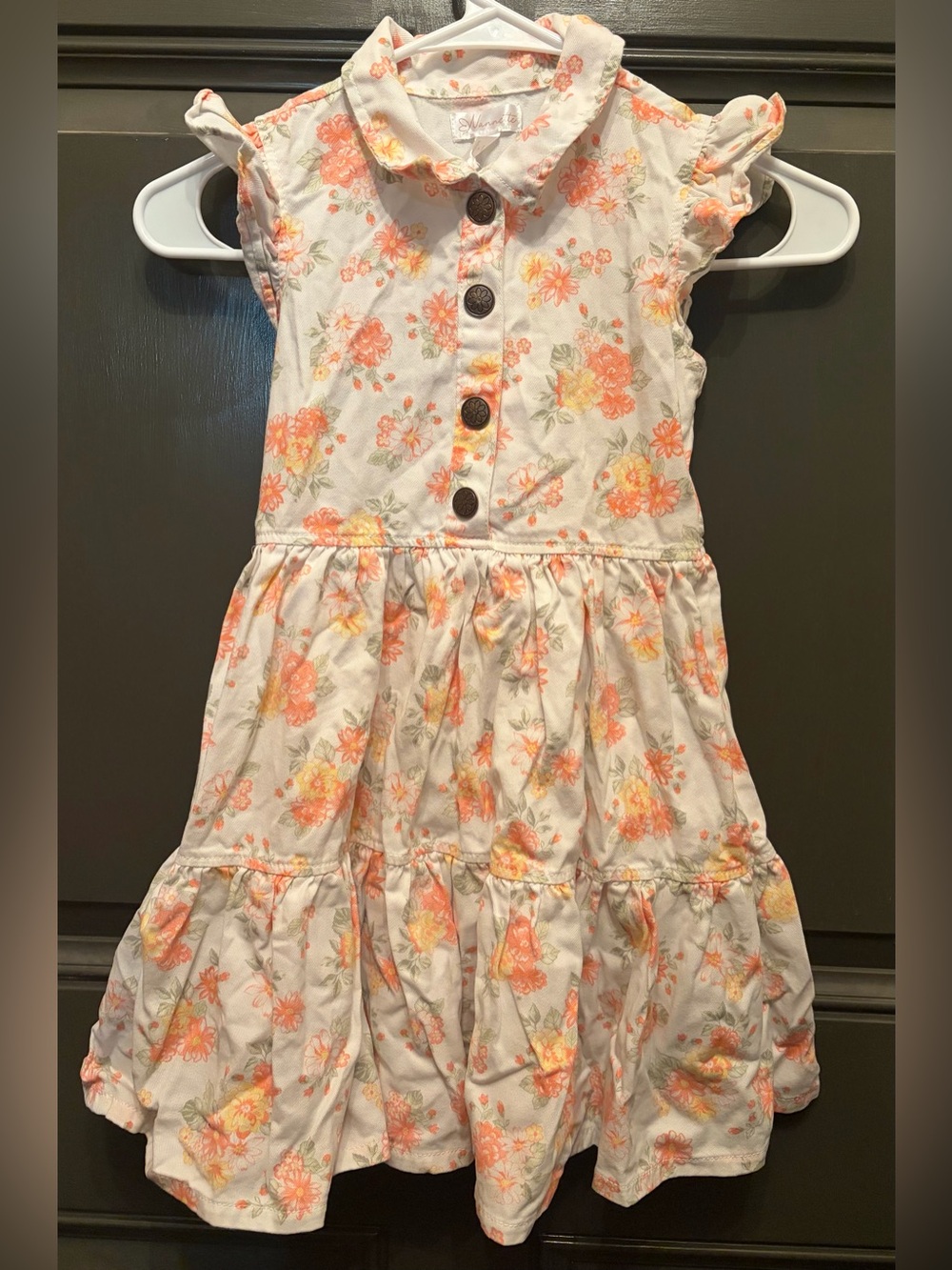 Nannette - White Dress with Coral & Yellow Floral Print - Size 6